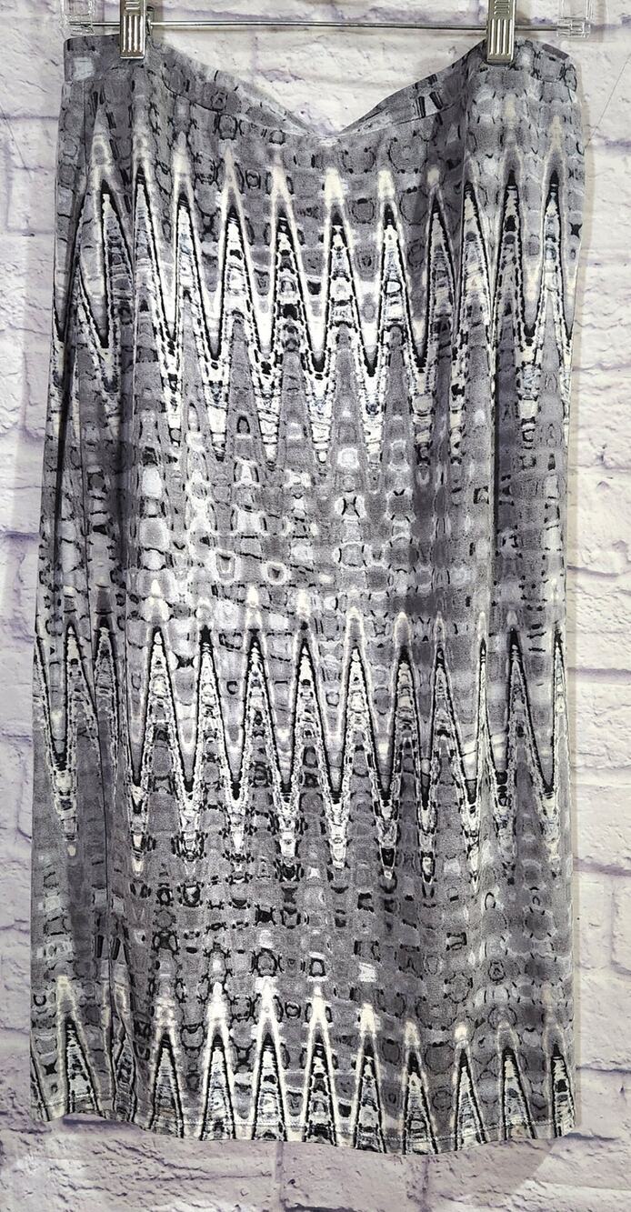 Matty M Gray White Pattern Pencil Mid Skirt Large Lightweight Lined Soft Stretch